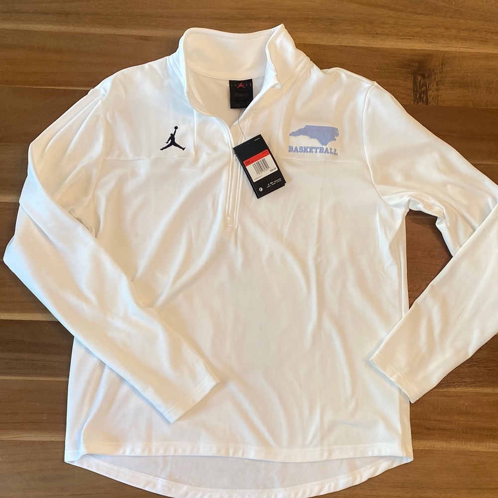 Jordan White Men’s Quarter-Zip Dry Fit Jacket with Carolina Basketball Logo
